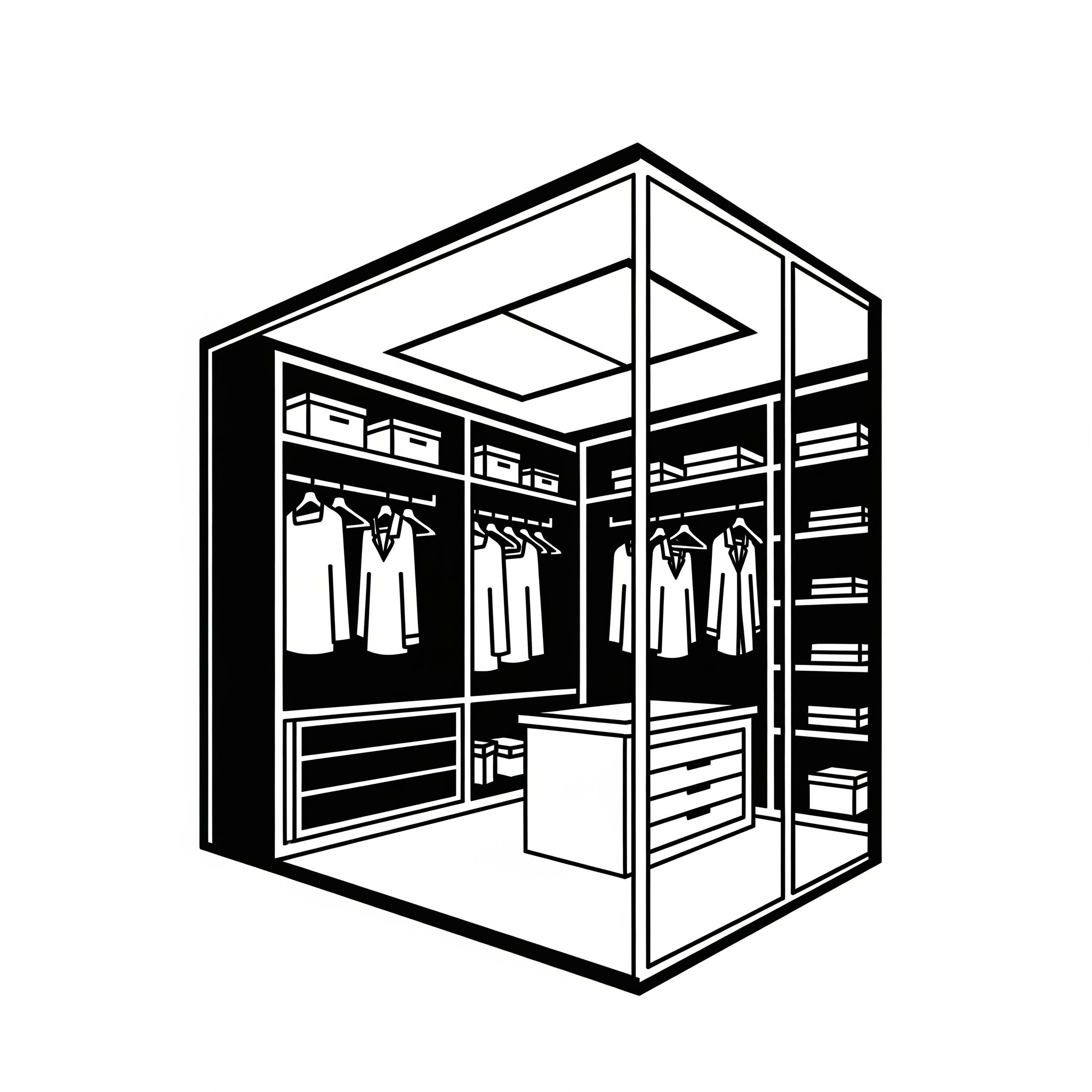 Illustration of a modern walk-in closet featuring hanging clothes, storage boxes, and a central drawer unit.